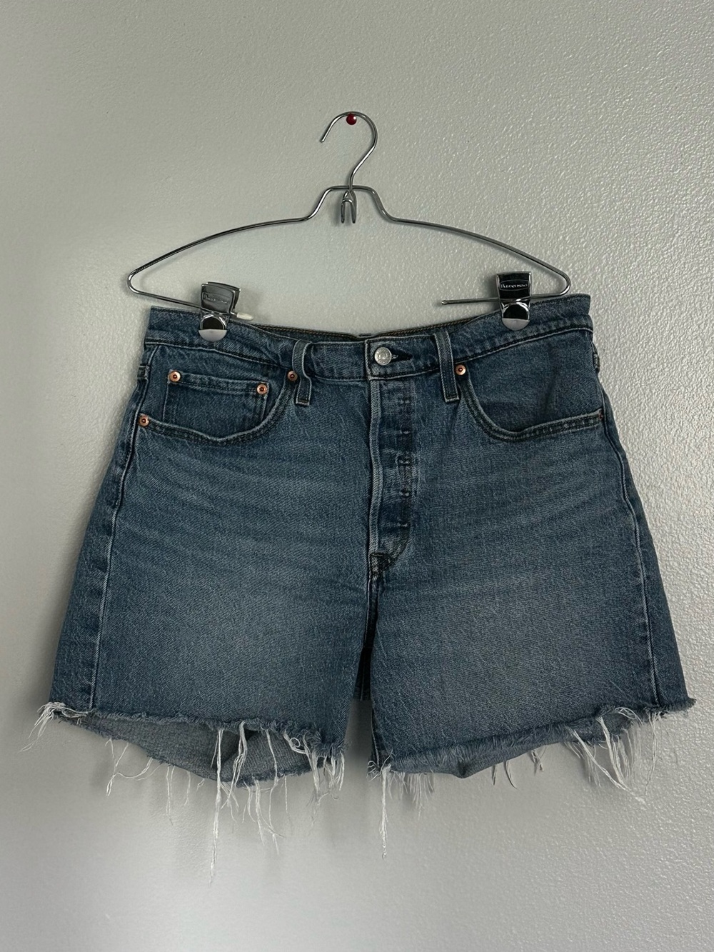 Levi's Dark Blue High-Rise Frayed Hem Jean Shorts